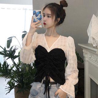 Mock Two-piece Drawstring Blouse White - One Size