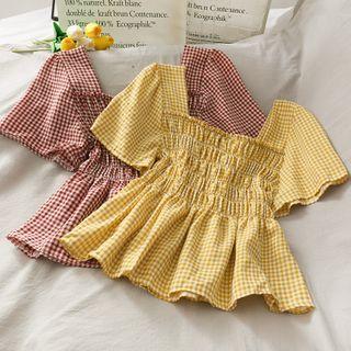 Square-neck Checker Smocked Crop Top