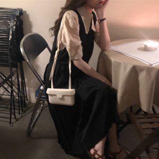 Peter-pan-collar Elbow-sleeve Blouse / Pleated Hem Midi Pinafore Dress