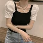 Two-tone Puff-sleeve Panel Knit Cropped Top
