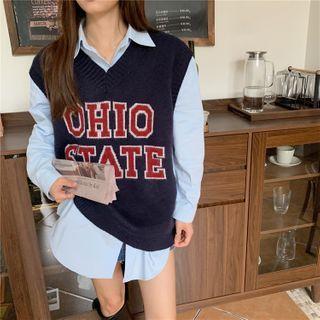Lettering Knit Vest / Long-sleeve Shirt