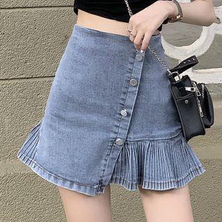 High-waist Irregular Denim Accordion Pleat Skirt