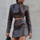 Set: Faux Leather Cropped One-button Jacket + Mini Pencil Skirt