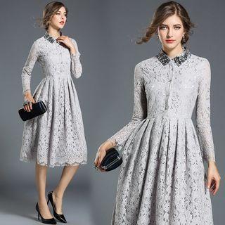 Embellished Collared Lace Midi Dress