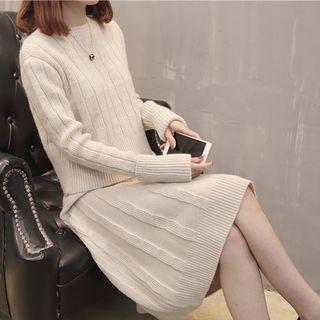 Set: Crew-neck Sweater + A-line Knit Skirt