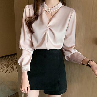 Long-sleeve Faux Pearl Cutout Blouse
