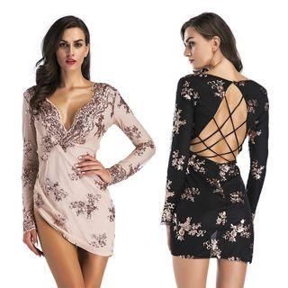 Sequined Open Back Mini Bodycon Dress
