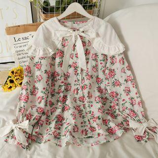 Patchwork Tie-neckline Printed Loose Shirt Pink - One Size