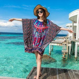 Elbow-sleeve Mini Printed Sundress As Shown In Figure - One Size