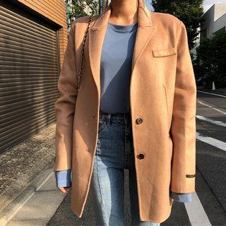 Padded-shoulder Wool Blend Blazer Beige - One Size