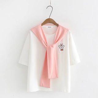 Rabbit Embroidered Short-sleeve T-shirt With Shawl