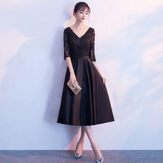 V-neck 3/4-sleeve Midi A-line Cocktail Dress