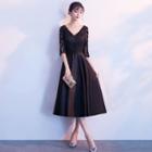V-neck 3/4-sleeve Midi A-line Cocktail Dress