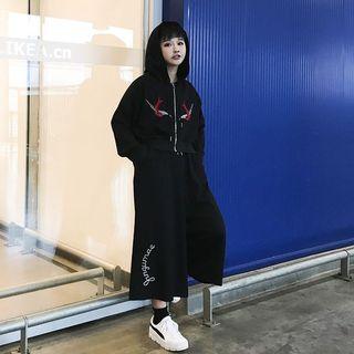 Set: Cropped Embroidered Hoodie + Wide-leg Pants