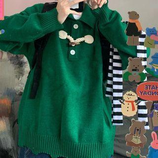 Long-sleeve Plain Knit Loose-fit Polo Shirt