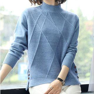 Mock Neck Slit-side Buttoned Sweater