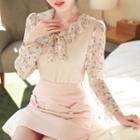Ruffled Tie-neck Floral-panel Blouse