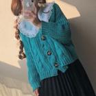 Cable Knit Cardigan / Long-sleeve Lace Top