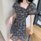 Short-sleeve Floral Print Mini A-line Dress / Chain Strap