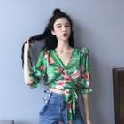 Floral Elbow-sleeve Top Green - One Size