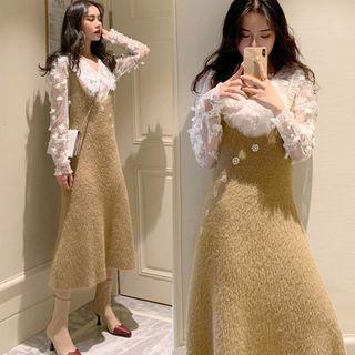 Set: Floral Accent Lace Blouse + Midi Knit Pinafore Dress