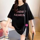 Oversize Short-sleeve Lettering Printed Side-slit T-shirt