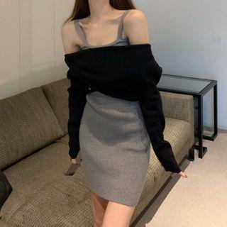 Off-shoulder Cropped Sweater / Spaghetti Strap Knit Sheath Dress