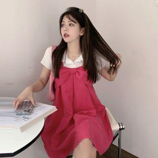 Short-sleeve Collar T-shirt / Plaid Bow Accent Mini Overall Dress