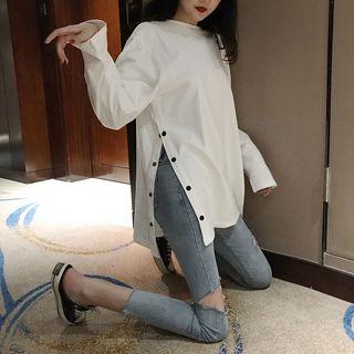 Long-sleeve Slit Buttoned T-shirt