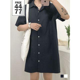 Elbow-sleeve Tie-waist Shirtdress Ivory - One Size