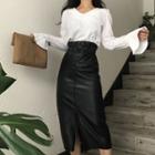 Paperbag-waist Midi Faux Leather Pencil Skirt