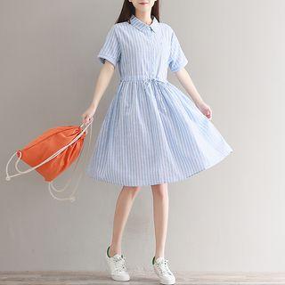 Short-sleeve Midi A-line Striped Dress