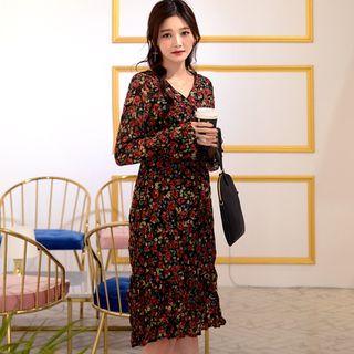 Wrap-front Floral Crinkled Midi Dress
