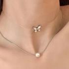 Set: Faux Pearl Pendant Alloy Necklace + Bow Rhinestone Alloy Choker Set Of 2 - Necklace & Choker - Silver - One Size