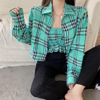 Long-sleeve Plaid Cropped Shirt / Plaid Tube Top