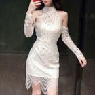 Halter-neck Cold-shoulder Lace Sheath Dress