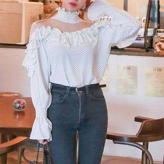Mock-neck Mesh Panel Dotted Long-sleeve Top