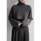 Turtle-neck Wool Blend Cropped Sweater Charcoal Gray - One Size