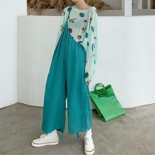 Avocado Print Long-sleeve Mesh Top / Single-strap Cropped Wide-leg Jumper Pants
