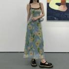 Spaghetti Strap Floral Maxi Dress Blue & Yellow - One Size