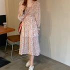 Long-sleeve Square-neck Floral Midi Dress