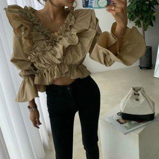 V Neck Ruffle Long-sleeve Blouse