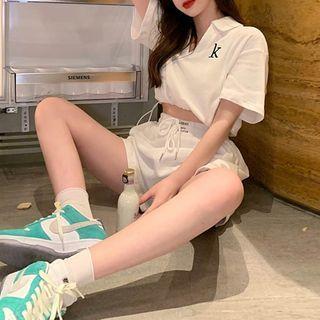 Set: Elbow-sleeve Lettering V-neck Cropped Polo Shirt + High Waist Drawstring Sweatshorts