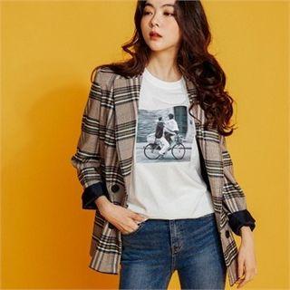 Double-breasted Plaid Blazer Green - One Size