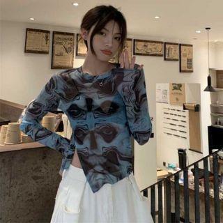 Long-sleeve Mesh Print Top
