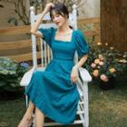 Plain Puff-sleeve Square-neck Midi A-line Dress