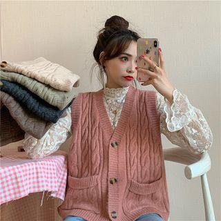 Lace Long-sleeve Blouse / Plain Knit Vest