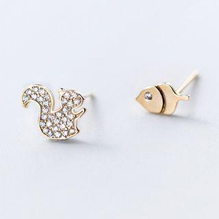 Non-matching 925 Sterling Silver Rhinestone Squirrel & Pine Earring 1 Pair - S925 Silver - Gold & Silver - One Size