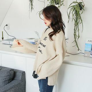 Lettering Dip-back Rib-knit Sweater