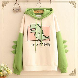 Dinosaur Print Fleece-lined Hoodie As Shown In Figure - One Size